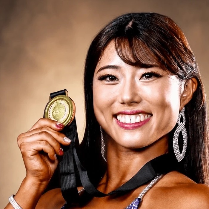 大会優勝メダルを持つトレーナーあやか